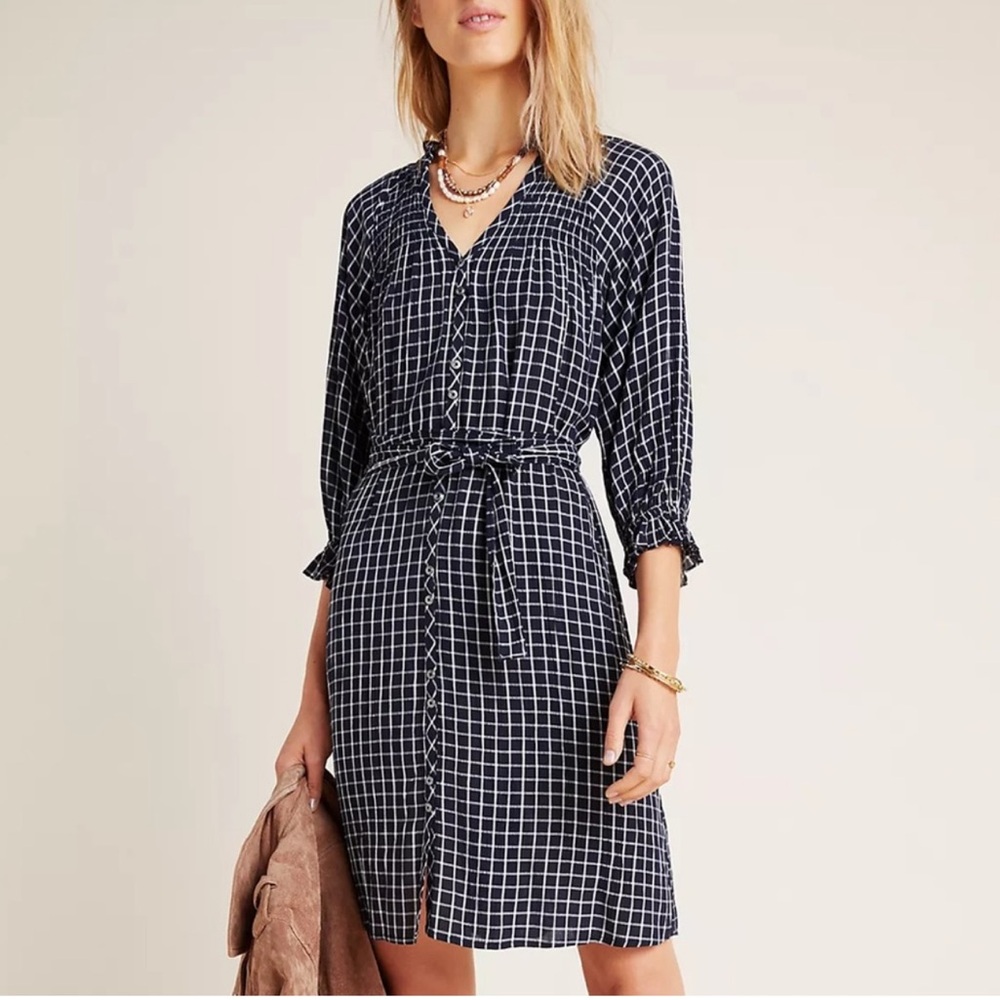 MAEVE by Anthropologie Sara Smocked Shirtdress X-Small XS Shirt Dress Navy White